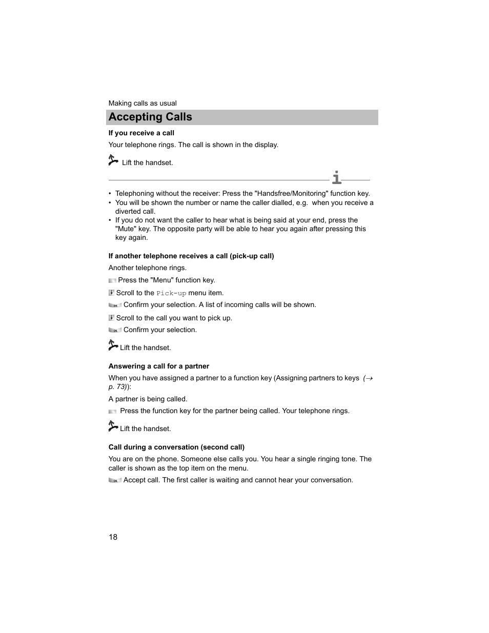 If you receive a call, Answering a call for a partner, Call during a conversation (second call) | P. 18), Rtner, Accepting calls | Avaya T3 (IP) Compact User Manual | Page 18 / 137