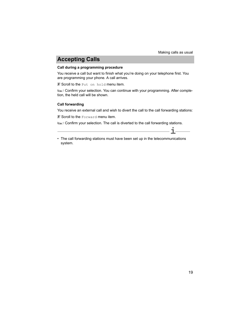 Call during a programming procedure, Call forwarding, P. 19) | Accepting calls | Avaya T3 (IP) Compact User Manual | Page 19 / 137