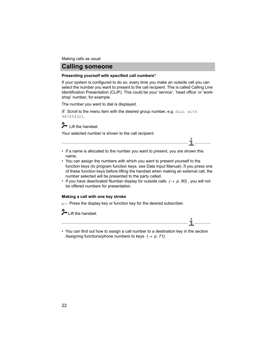 Presenting yourself with specified call numbers, Making a call with one key stroke, P. 22) | Calling someone | Avaya T3 (IP) Compact User Manual | Page 22 / 137