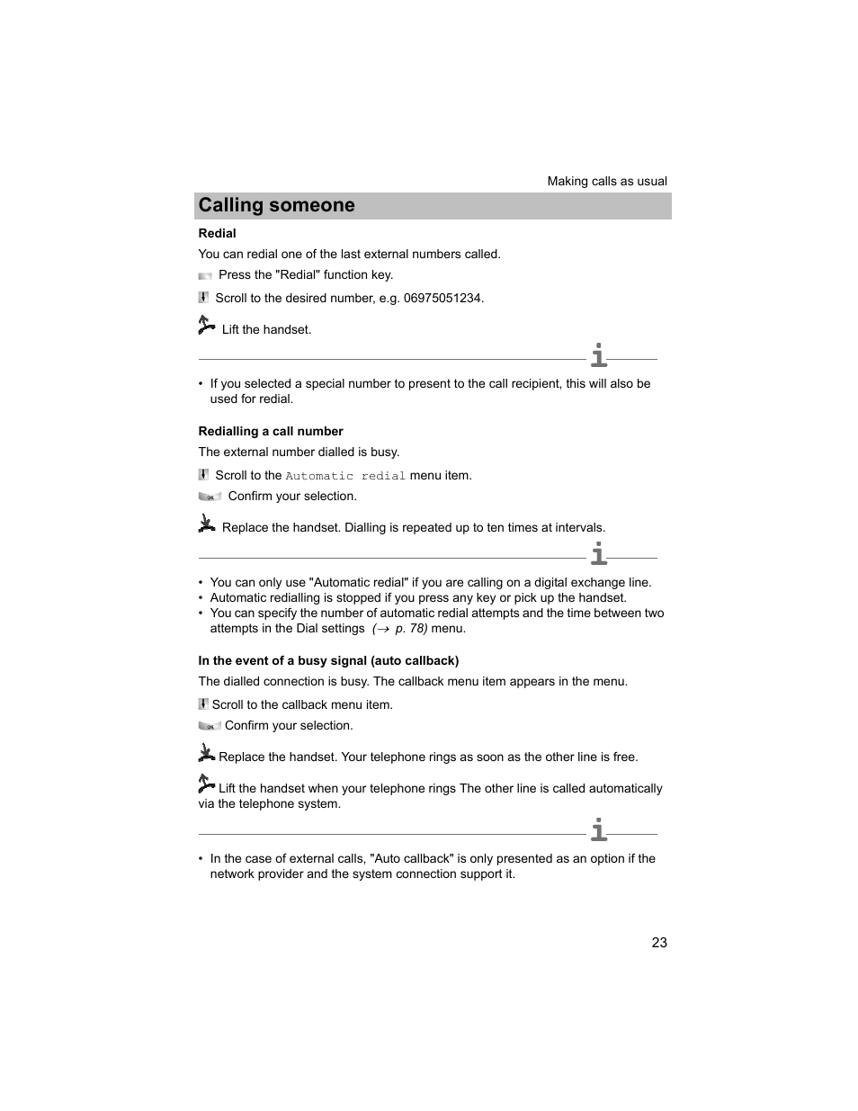 Redial, Redialling a call number, In the event of a busy signal (auto callback) | P. 23), Back), Calling someone | Avaya T3 (IP) Compact User Manual | Page 23 / 137