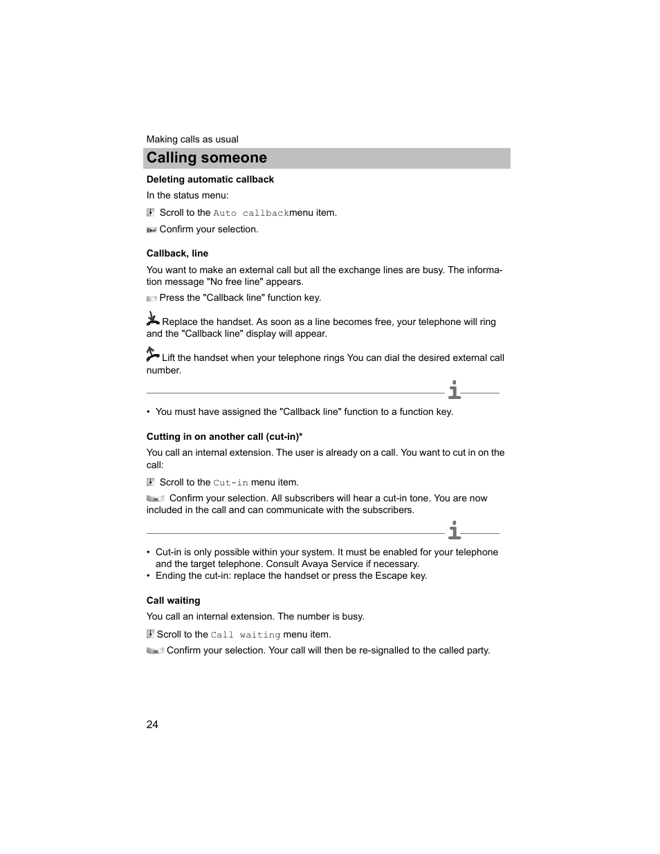 Deleting automatic callback, Callback, line, Cutting in on another call (cut-in) | Call waiting, P. 24), Calling someone | Avaya T3 (IP) Compact User Manual | Page 24 / 137