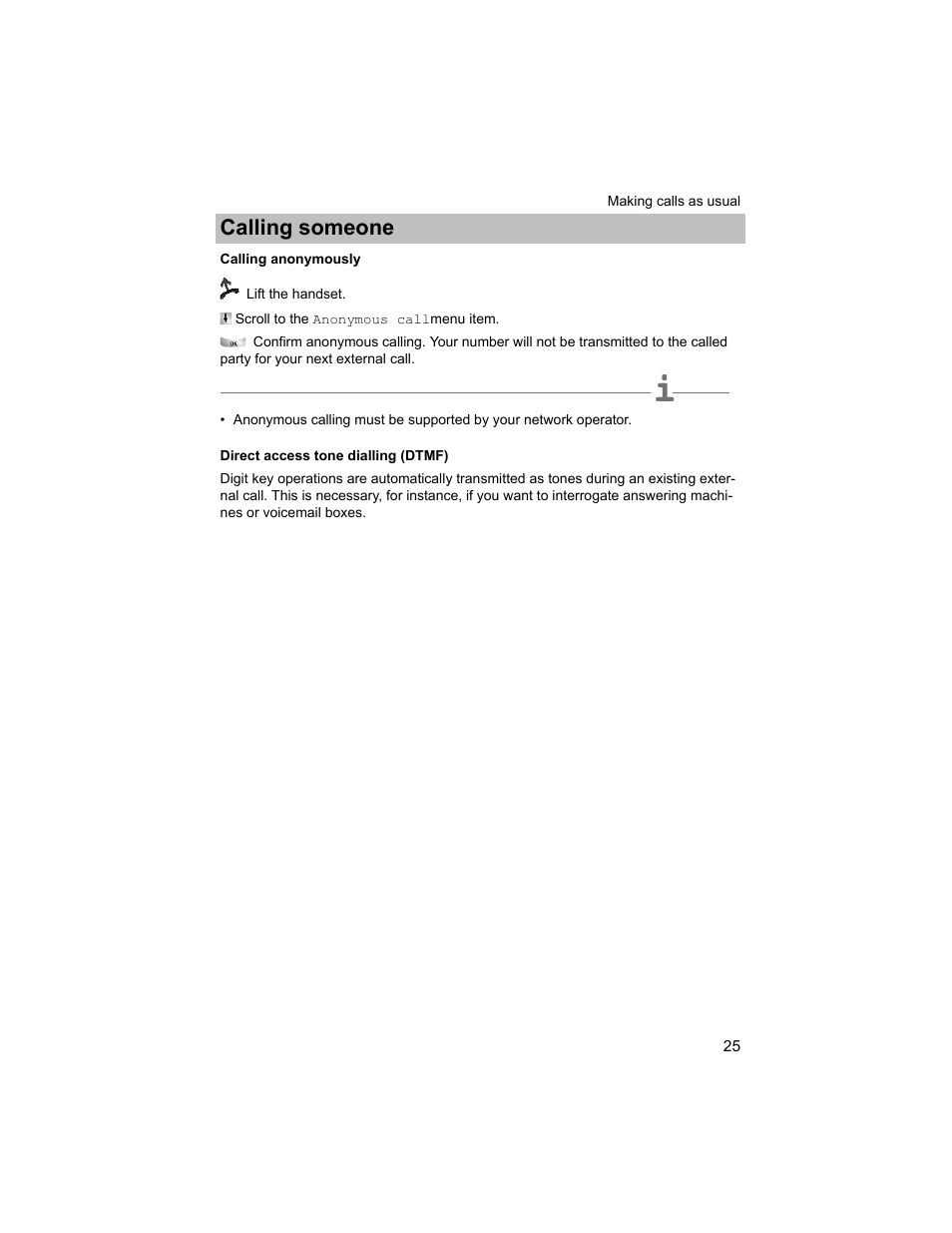 Calling anonymously, Direct access tone dialling (dtmf), P. 25) | Calling someone | Avaya T3 (IP) Compact User Manual | Page 25 / 137