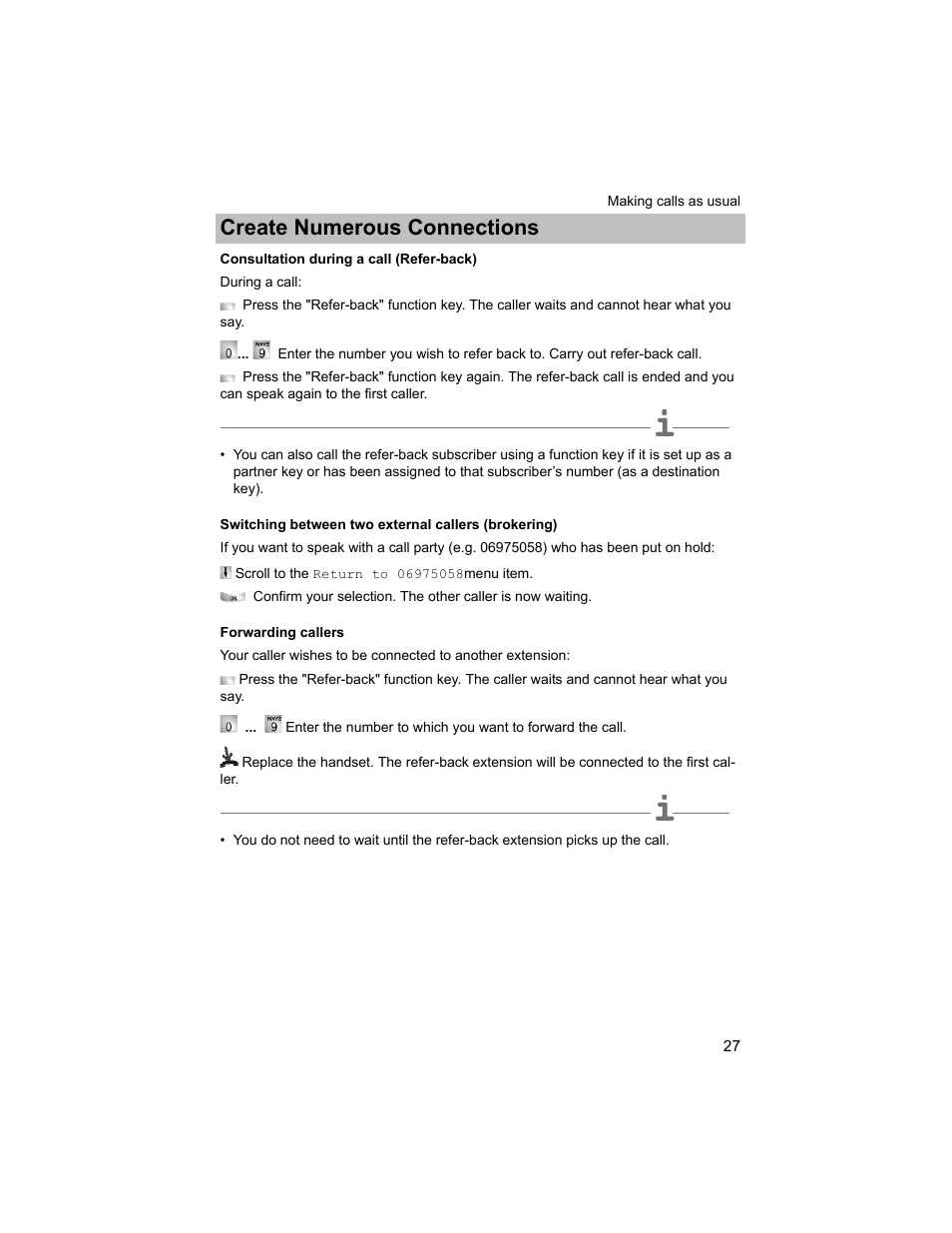 Consultation during a call (refer-back), Switching between two external callers (brokering), Forwarding callers | P. 27), Create numerous connections | Avaya T3 (IP) Compact User Manual | Page 27 / 137