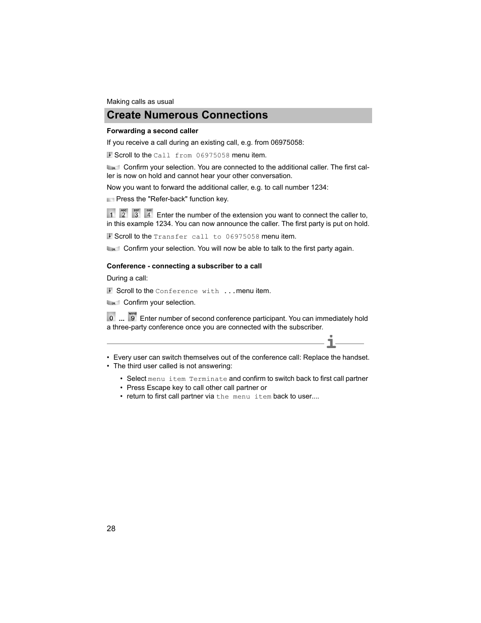 Forwarding a second caller, Conference - connecting a subscriber to a call, P. 28) | Create numerous connections | Avaya T3 (IP) Compact User Manual | Page 28 / 137
