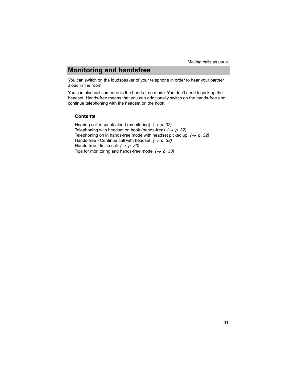 Monitoring and handsfree | Avaya T3 (IP) Compact User Manual | Page 31 / 137
