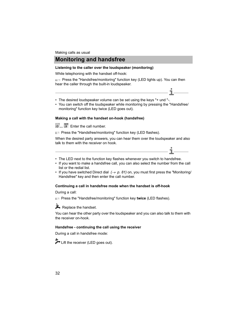 Making a call with the handset on-hook (handsfree), Handsfree - continuing the call using the receiver, P. 32) | Monitoring and handsfree | Avaya T3 (IP) Compact User Manual | Page 32 / 137