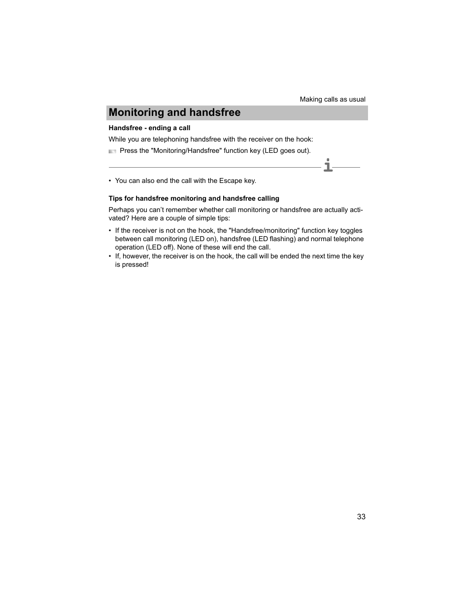 Handsfree - ending a call, P. 33), Monitoring and handsfree | Avaya T3 (IP) Compact User Manual | Page 33 / 137