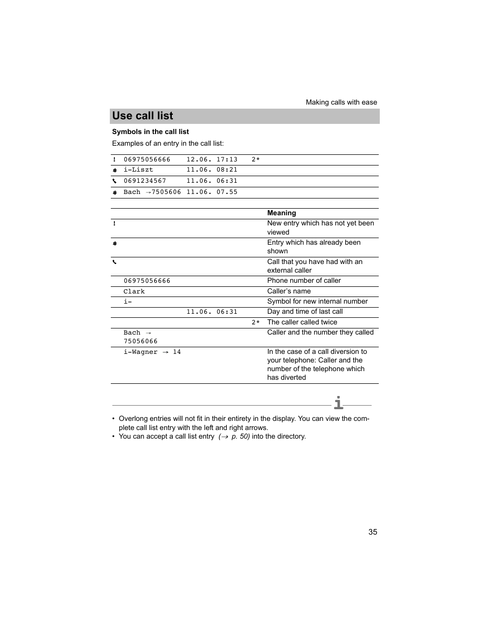 Symbols in the call list, P. 35), Use call list | Avaya T3 (IP) Compact User Manual | Page 35 / 137