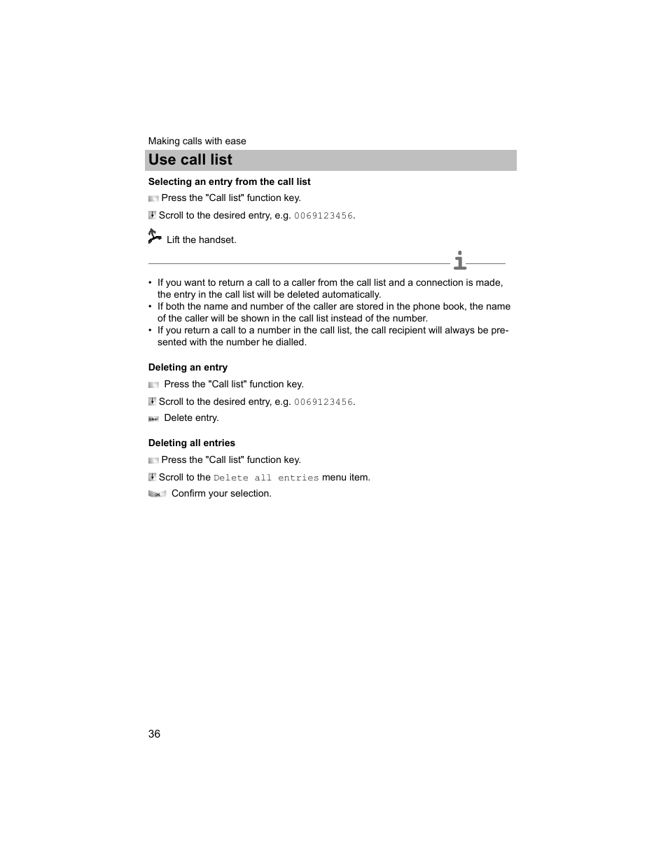 Selecting an entry from the call list, Deleting an entry, Deleting all entries | List, P. 36), Tries, Use call list | Avaya T3 (IP) Compact User Manual | Page 36 / 137