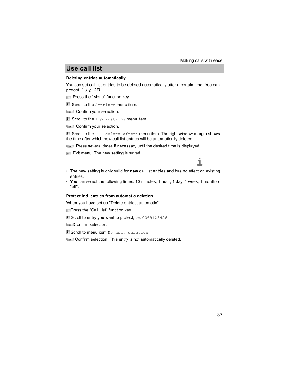 Deleting entries automatically, Tries, P. 37) | Use call list | Avaya T3 (IP) Compact User Manual | Page 37 / 137