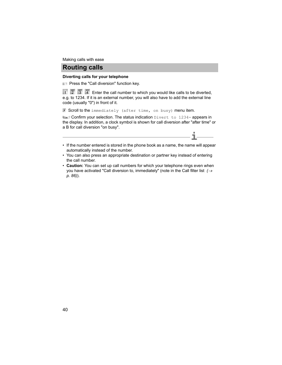 Diverting calls for your telephone, P. 40), Routing calls | Avaya T3 (IP) Compact User Manual | Page 40 / 137