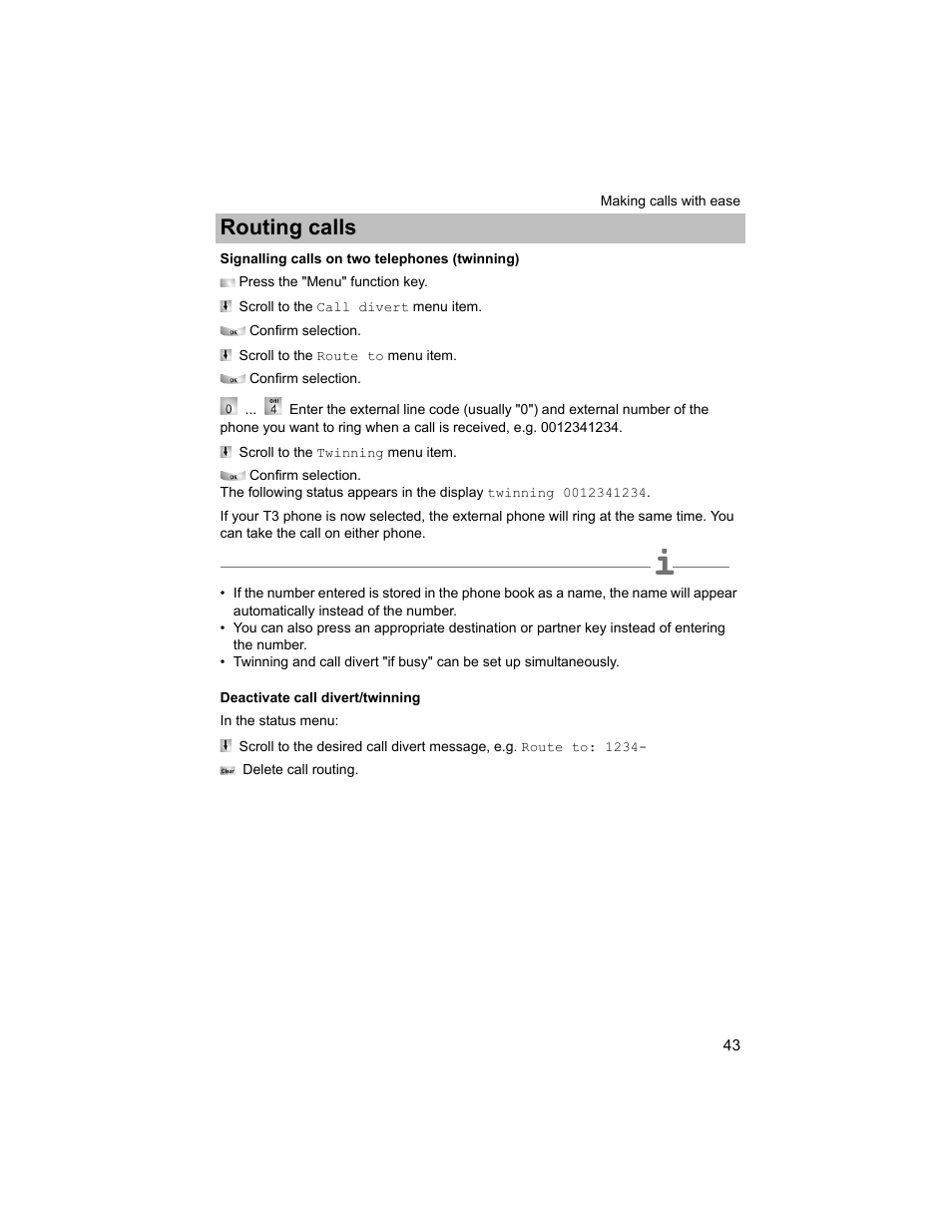 Signalling calls on two telephones (twinning), Deactivate call divert/twinning, P. 43) | Routing calls | Avaya T3 (IP) Compact User Manual | Page 43 / 137