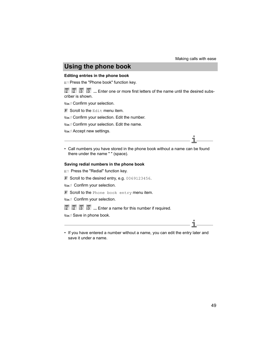 Editing entries in the phone book, Saving redial numbers in the phone book, P. 49) | Using the phone book | Avaya T3 (IP) Compact User Manual | Page 49 / 137