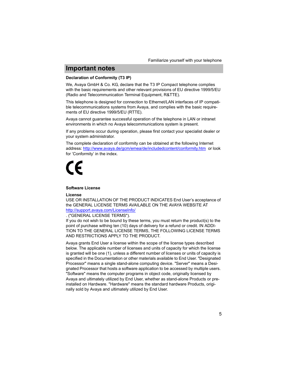 Declaration of conformity (t3 ip), Software license | Avaya T3 (IP) Compact User Manual | Page 5 / 137
