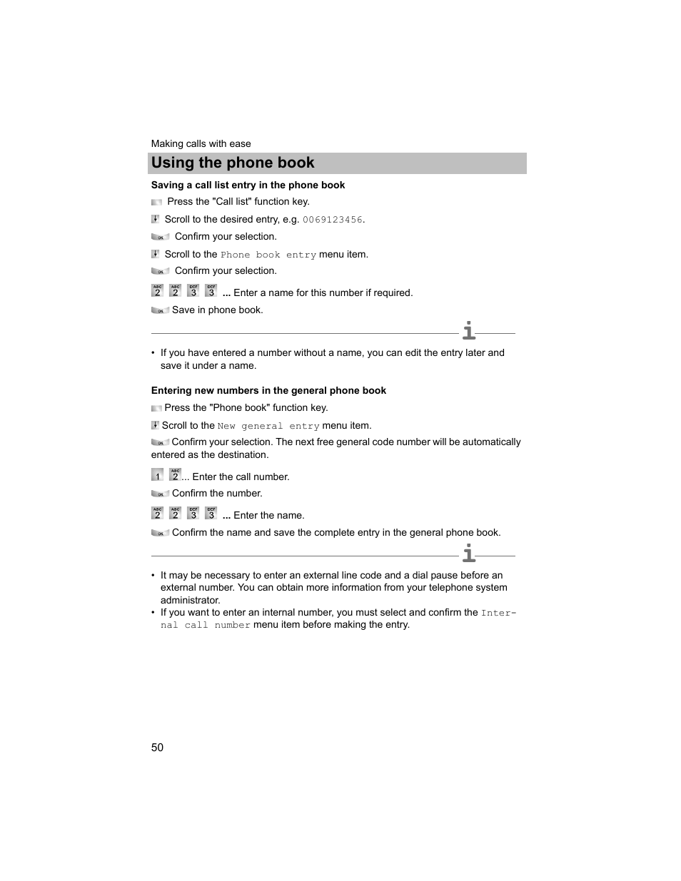 Saving a call list entry in the phone book, Entering new numbers in the general phone book, P. 50) | Using the phone book | Avaya T3 (IP) Compact User Manual | Page 50 / 137