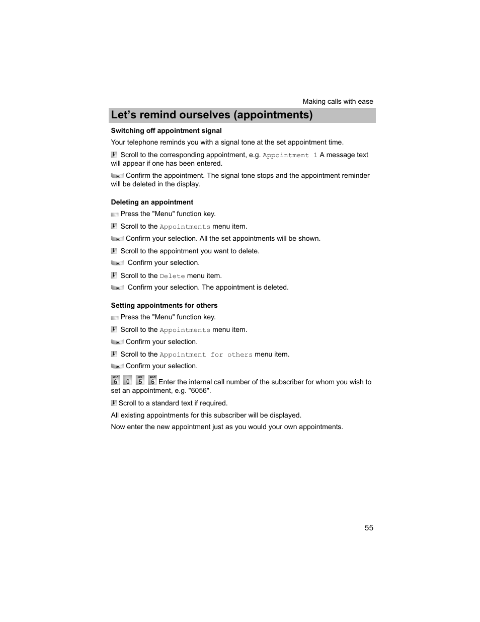 Switching off appointment signal, Deleting an appointment, Setting appointments for others | P. 55), Let’s remind ourselves (appointments) | Avaya T3 (IP) Compact User Manual | Page 55 / 137