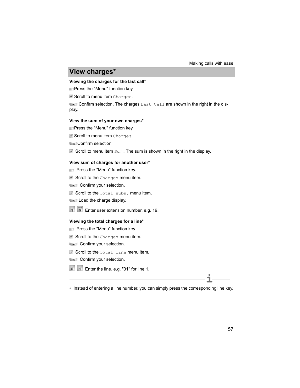 Viewing the charges for the last call, View the sum of your own charges, View sum of charges for another user | Viewing the total charges for a line, P. 57), View charges | Avaya T3 (IP) Compact User Manual | Page 57 / 137