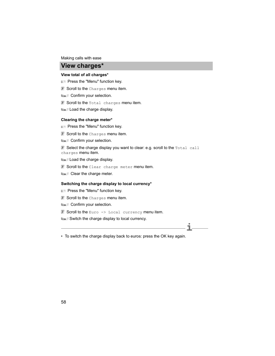 View total of all charges, Clearing the charge meter, Switching the charge display to local currency | P. 58), Unter, View charges | Avaya T3 (IP) Compact User Manual | Page 58 / 137
