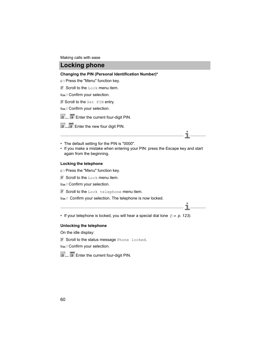 Changing the pin (personal identification number), Locking the telephone, Unlocking the telephone | P. 60), Locking phone | Avaya T3 (IP) Compact User Manual | Page 60 / 137