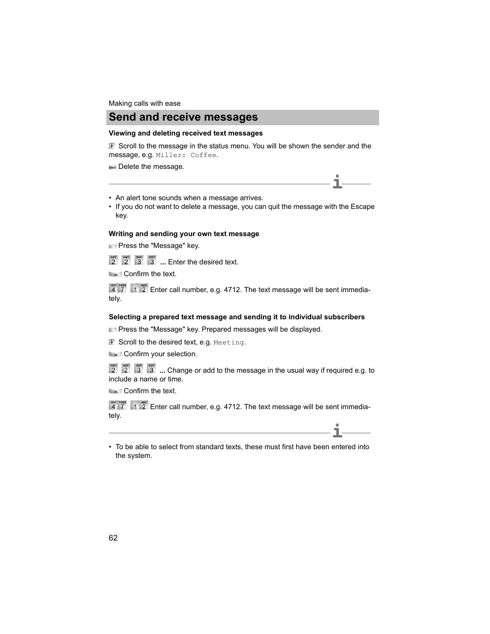 Viewing and deleting received text messages, Writing and sending your own text message, Ived | P. 62), Send and receive messages | Avaya T3 (IP) Compact User Manual | Page 62 / 137