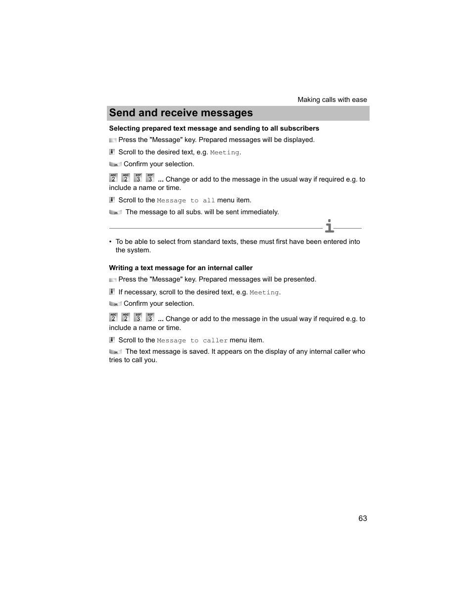 Writing a text message for an internal caller, P. 63), Send and receive messages | Avaya T3 (IP) Compact User Manual | Page 63 / 137
