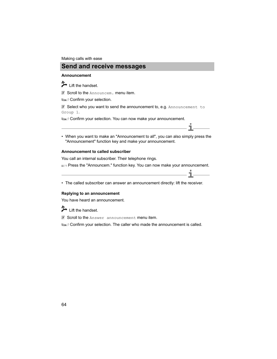Announcement, Announcement to called subscriber, Replying to an announcement | P. 64), Send and receive messages | Avaya T3 (IP) Compact User Manual | Page 64 / 137