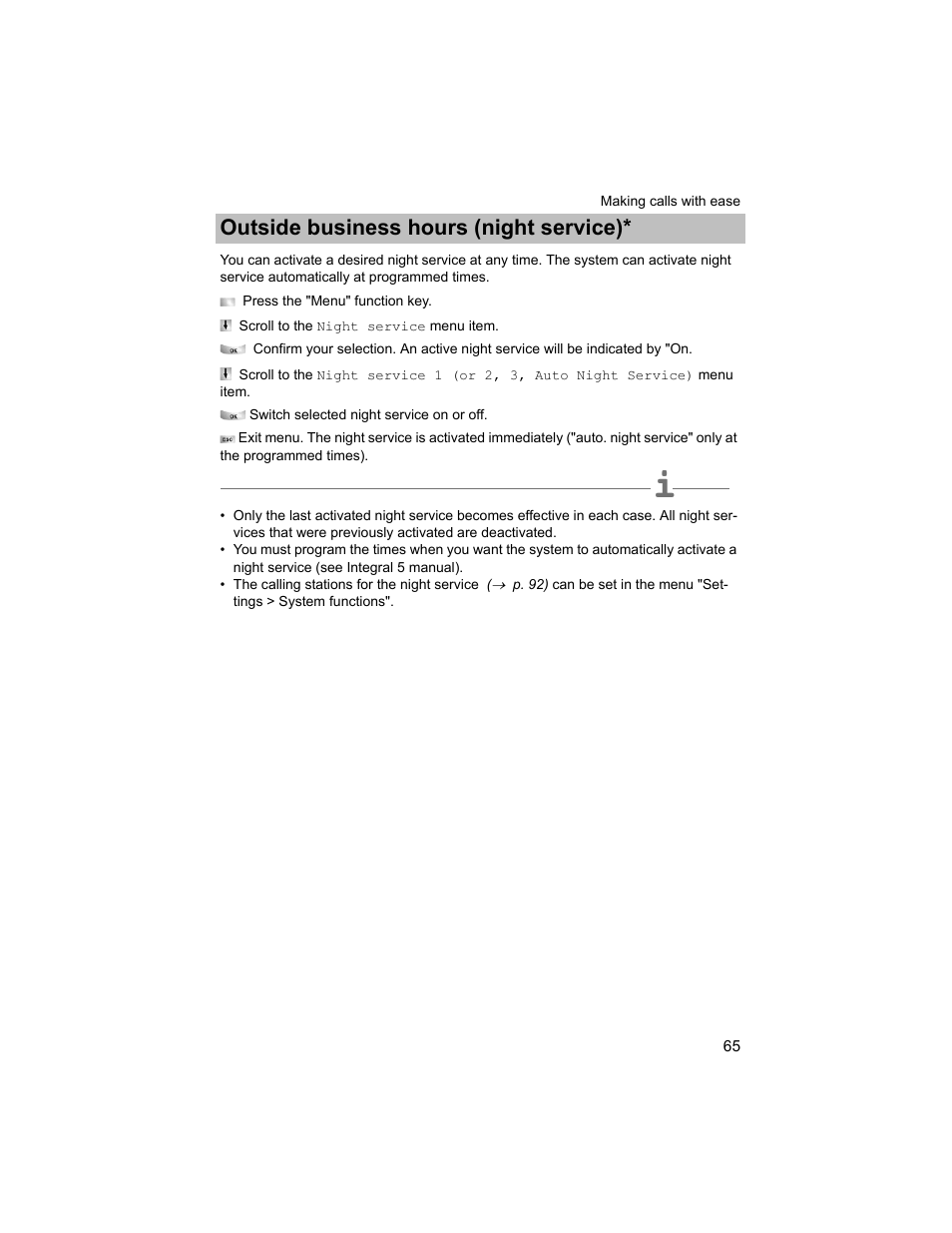 Outside business hours (night service) | Avaya T3 (IP) Compact User Manual | Page 65 / 137