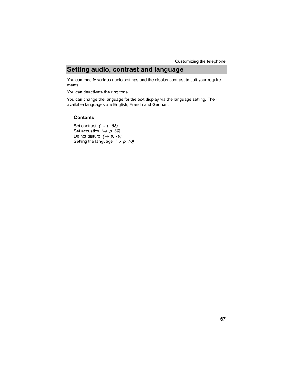 Customizing the telephone, Setting audio, contrast and language | Avaya T3 (IP) Compact User Manual | Page 67 / 137