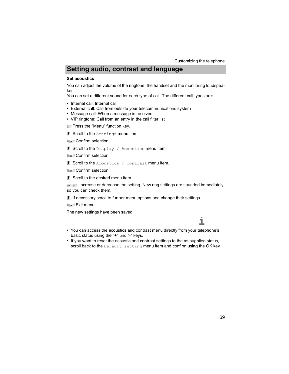 Set acoustics, P. 69), Setting audio, contrast and language | Avaya T3 (IP) Compact User Manual | Page 69 / 137