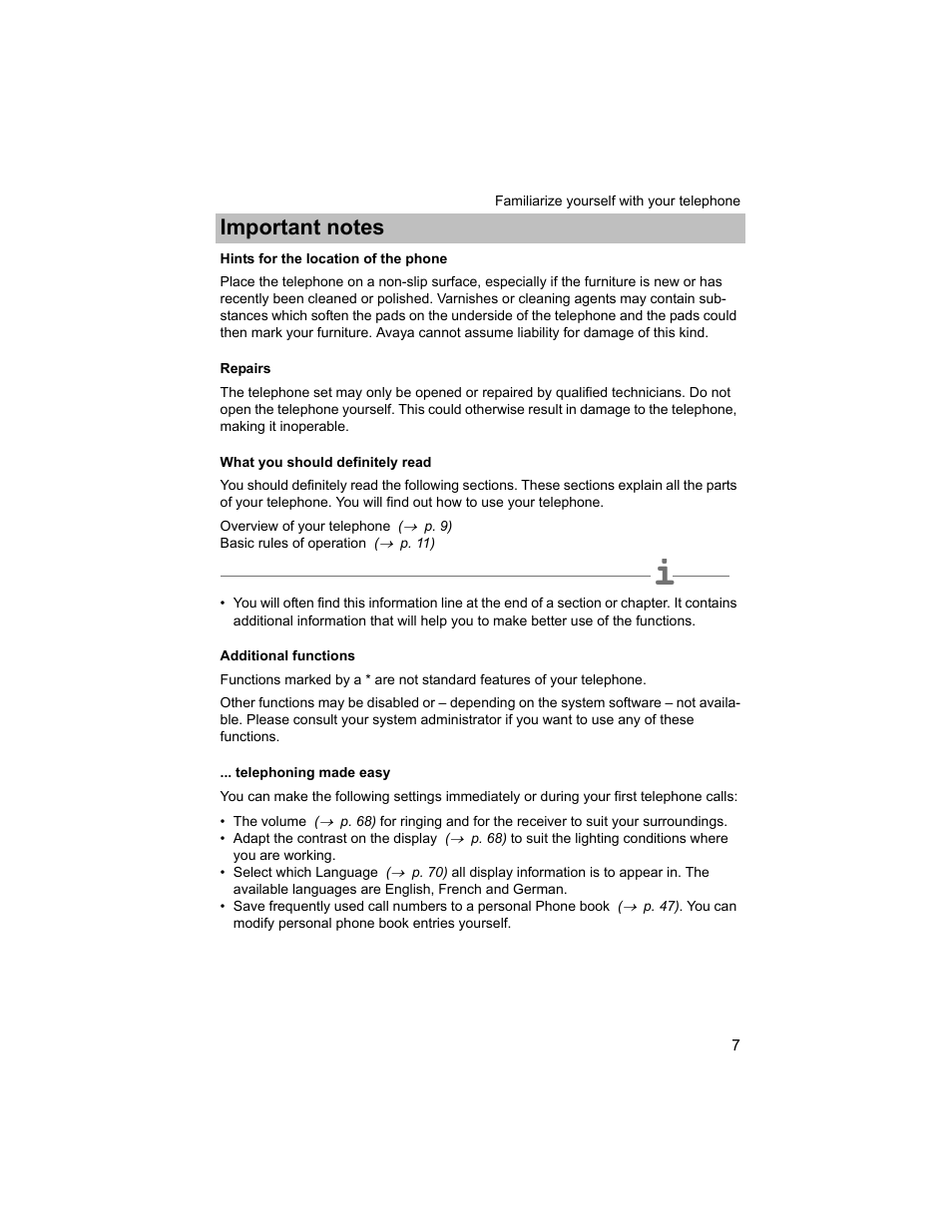 Hints for the location of the phone, Repairs, What you should definitely read | Additional functions, Telephoning made easy | Avaya T3 (IP) Compact User Manual | Page 7 / 137