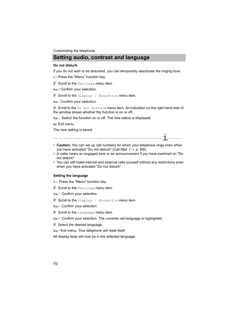 Do not disturb, Setting the language, P. 70) al | P. 70), Setting audio, contrast and language | Avaya T3 (IP) Compact User Manual | Page 70 / 137