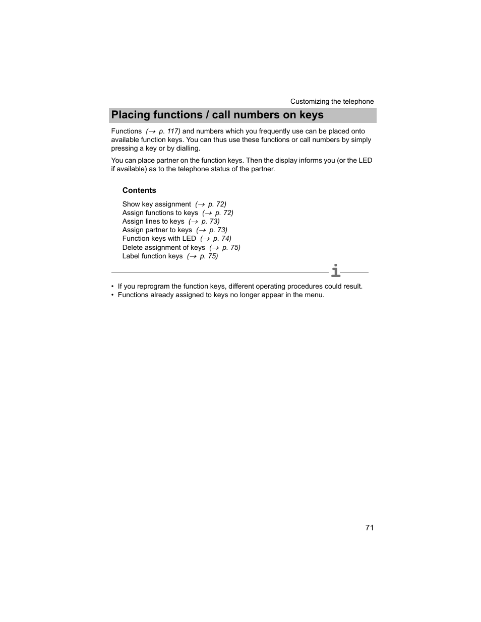 Placing functions / call numbers on keys, Mbers to keys, P. 71) | Avaya T3 (IP) Compact User Manual | Page 71 / 137
