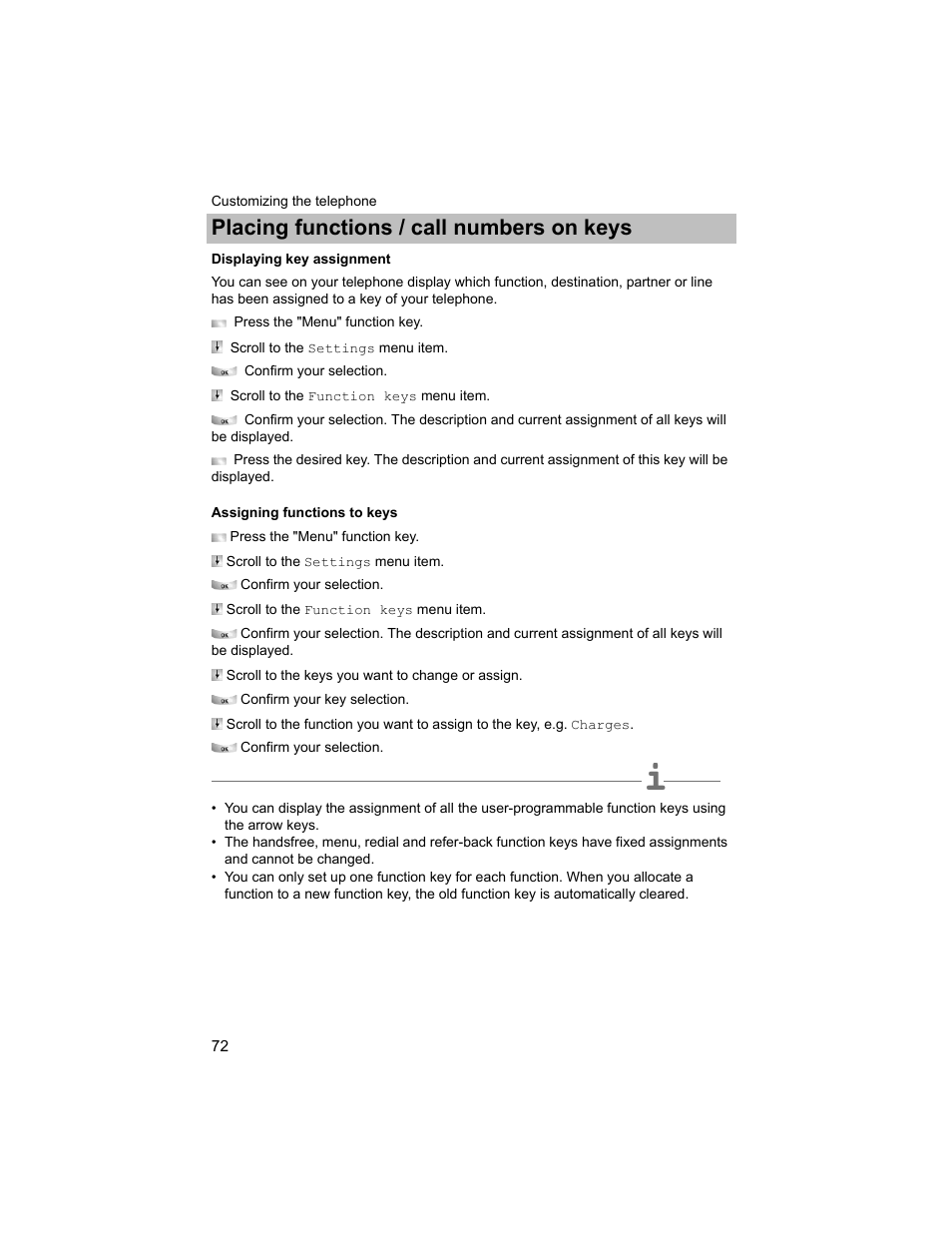 Displaying key assignment, Assigning functions to keys, P. 72) | Placing functions / call numbers on keys | Avaya T3 (IP) Compact User Manual | Page 72 / 137