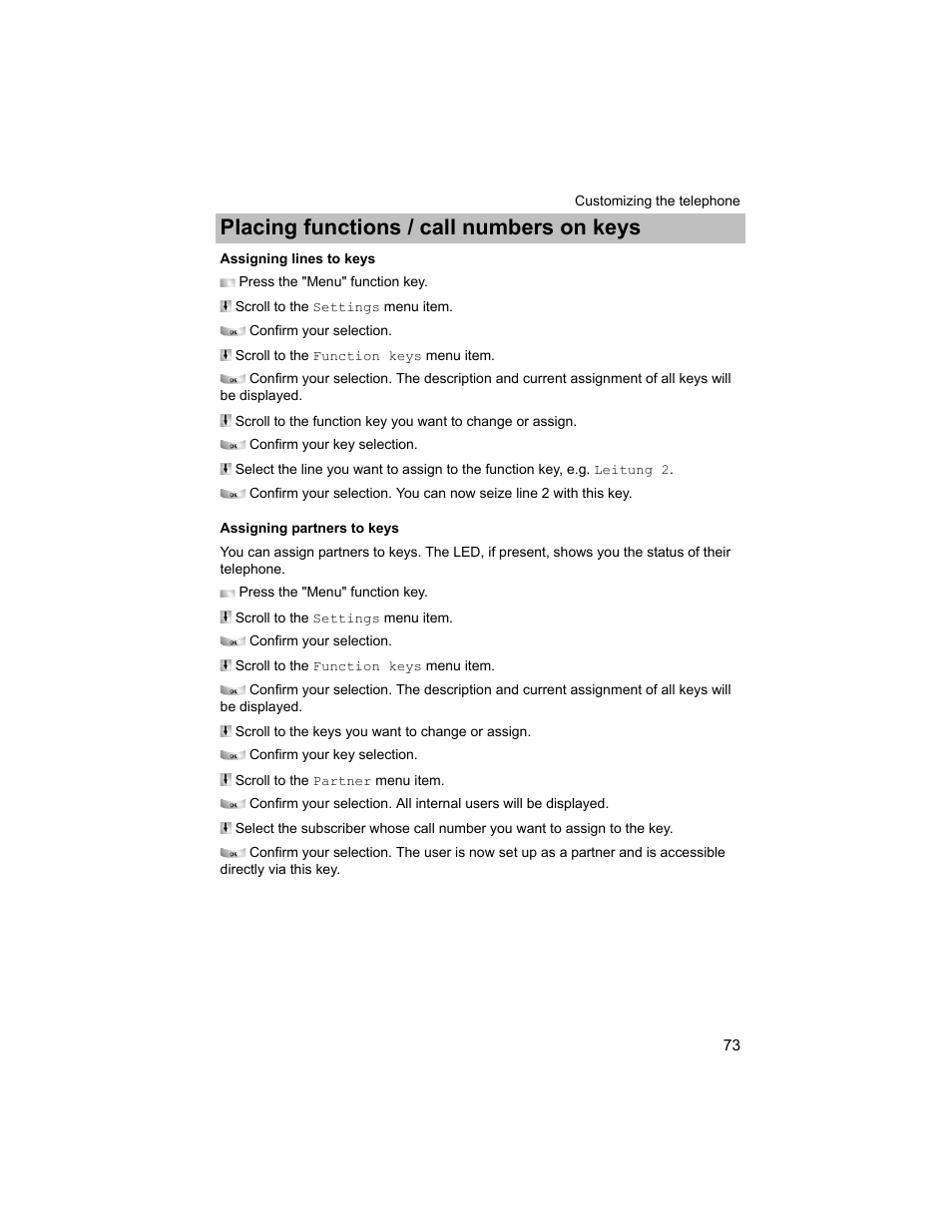 Assigning lines to keys, Assigning partners to keys, P. 73) | Placing functions / call numbers on keys | Avaya T3 (IP) Compact User Manual | Page 73 / 137