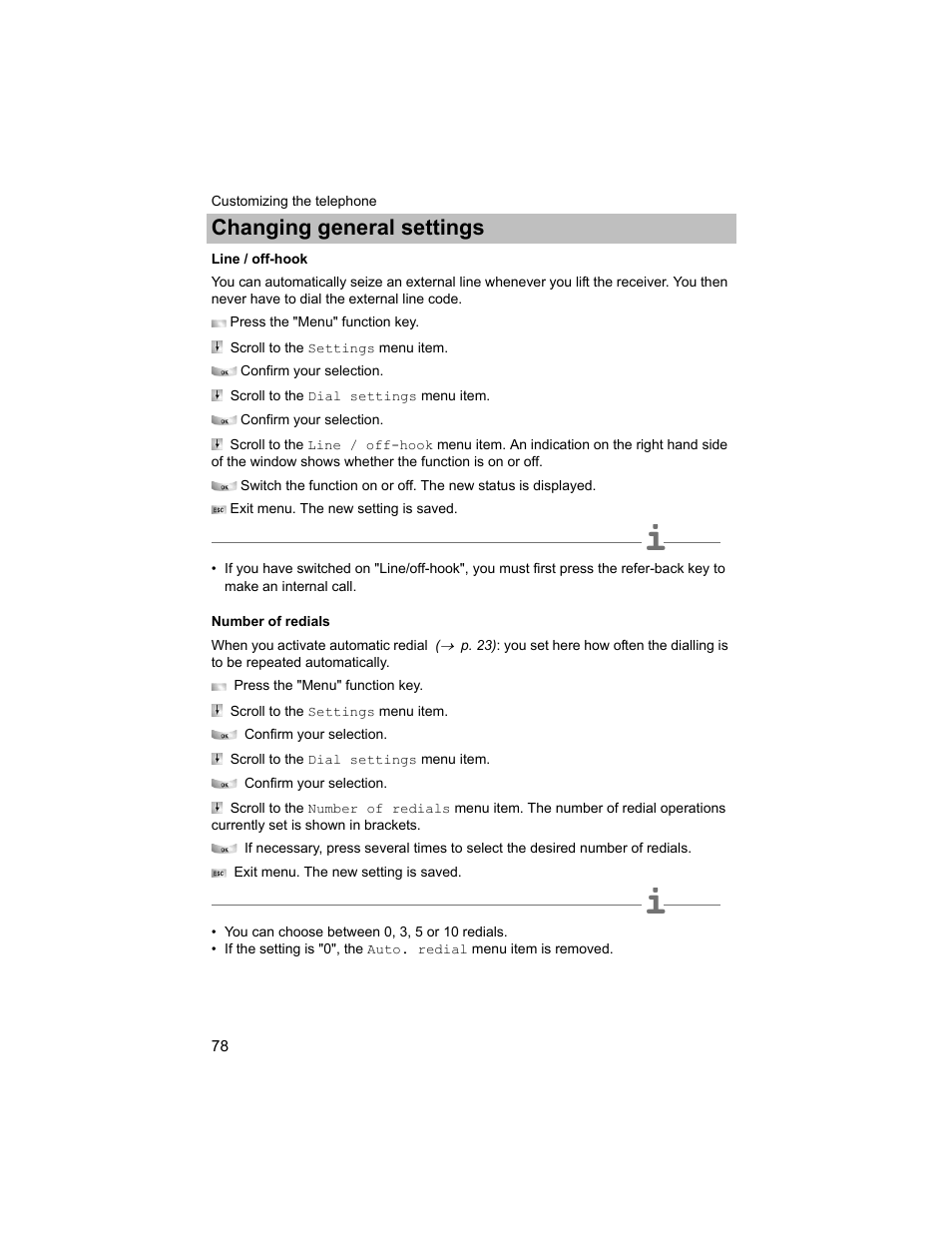 Line / off-hook, Number of redials, P. 78) | Changing general settings | Avaya T3 (IP) Compact User Manual | Page 78 / 137