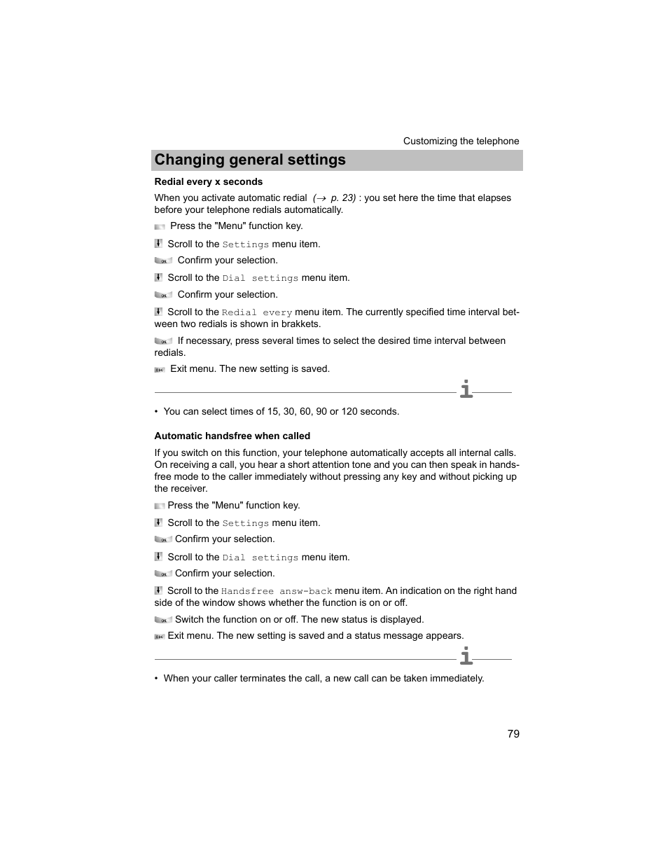 Redial every x seconds, Automatic handsfree when called, P. 79) | Changing general settings | Avaya T3 (IP) Compact User Manual | Page 79 / 137