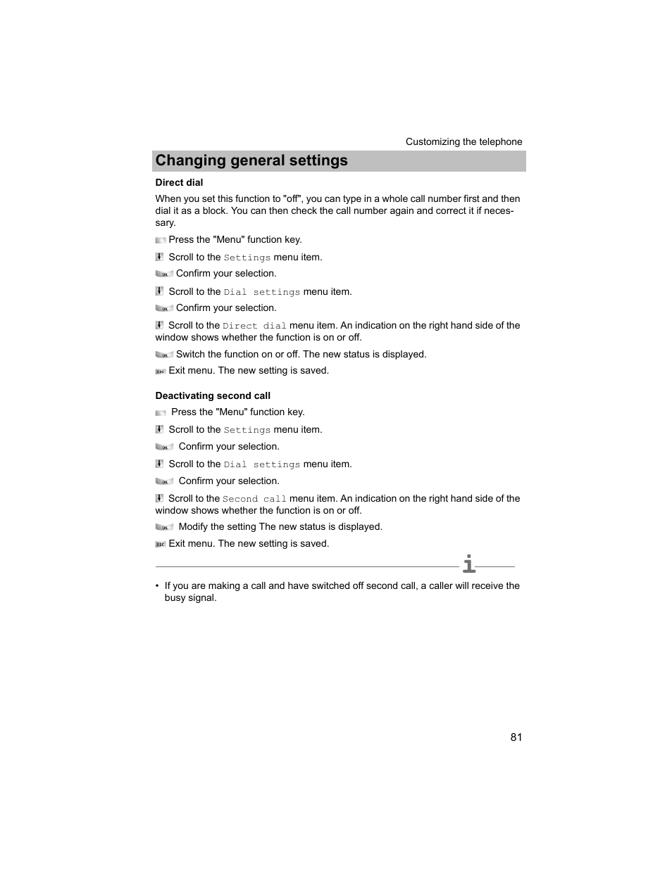 Direct dial, Deactivating second call, P. 81) of | P. 81), Changing general settings | Avaya T3 (IP) Compact User Manual | Page 81 / 137