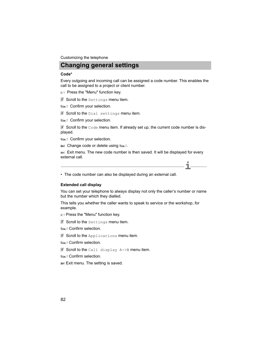 Code, Extended call display, Display | P. 82), Changing general settings | Avaya T3 (IP) Compact User Manual | Page 82 / 137