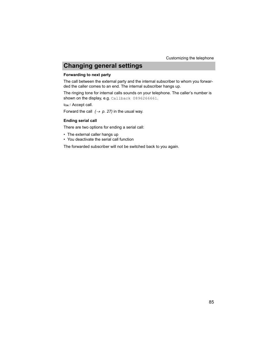 Forwarding to next party, Changing general settings | Avaya T3 (IP) Compact User Manual | Page 85 / 137