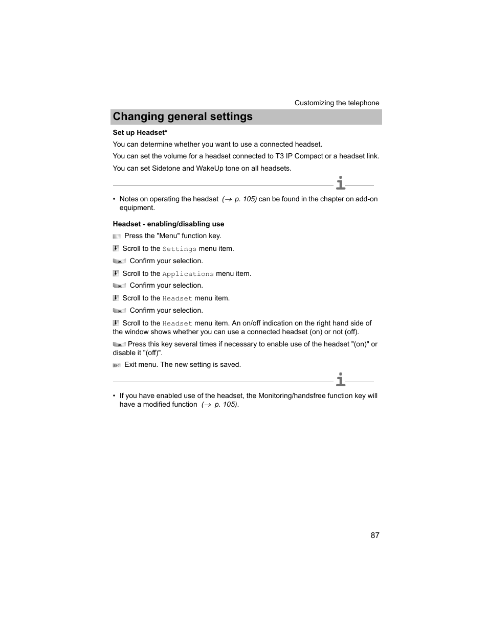 Set up headset, P. 87), Changing general settings | Avaya T3 (IP) Compact User Manual | Page 87 / 137