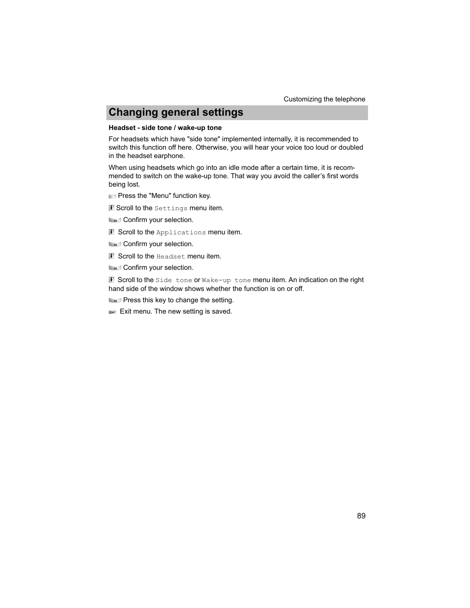 Headset - side tone / wake-up tone, Changing general settings | Avaya T3 (IP) Compact User Manual | Page 89 / 137