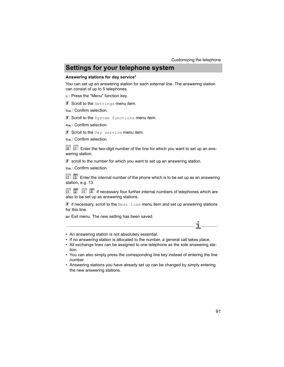Answering stations for day service, P. 91), Settings for your telephone system | Avaya T3 (IP) Compact User Manual | Page 91 / 137