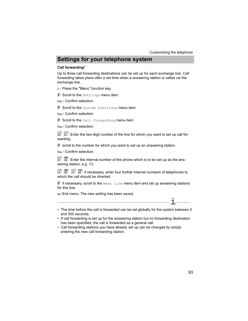 Call forwarding, P. 93), Settings for your telephone system | Avaya T3 (IP) Compact User Manual | Page 93 / 137