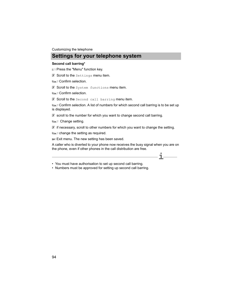 Second call barring, P. 94), Settings for your telephone system | Avaya T3 (IP) Compact User Manual | Page 94 / 137