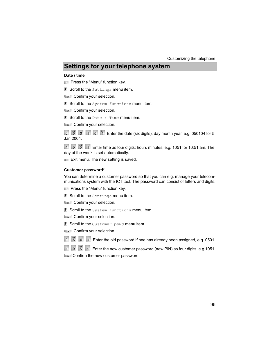Date / time, Customer password, P. 95) | Settings for your telephone system | Avaya T3 (IP) Compact User Manual | Page 95 / 137