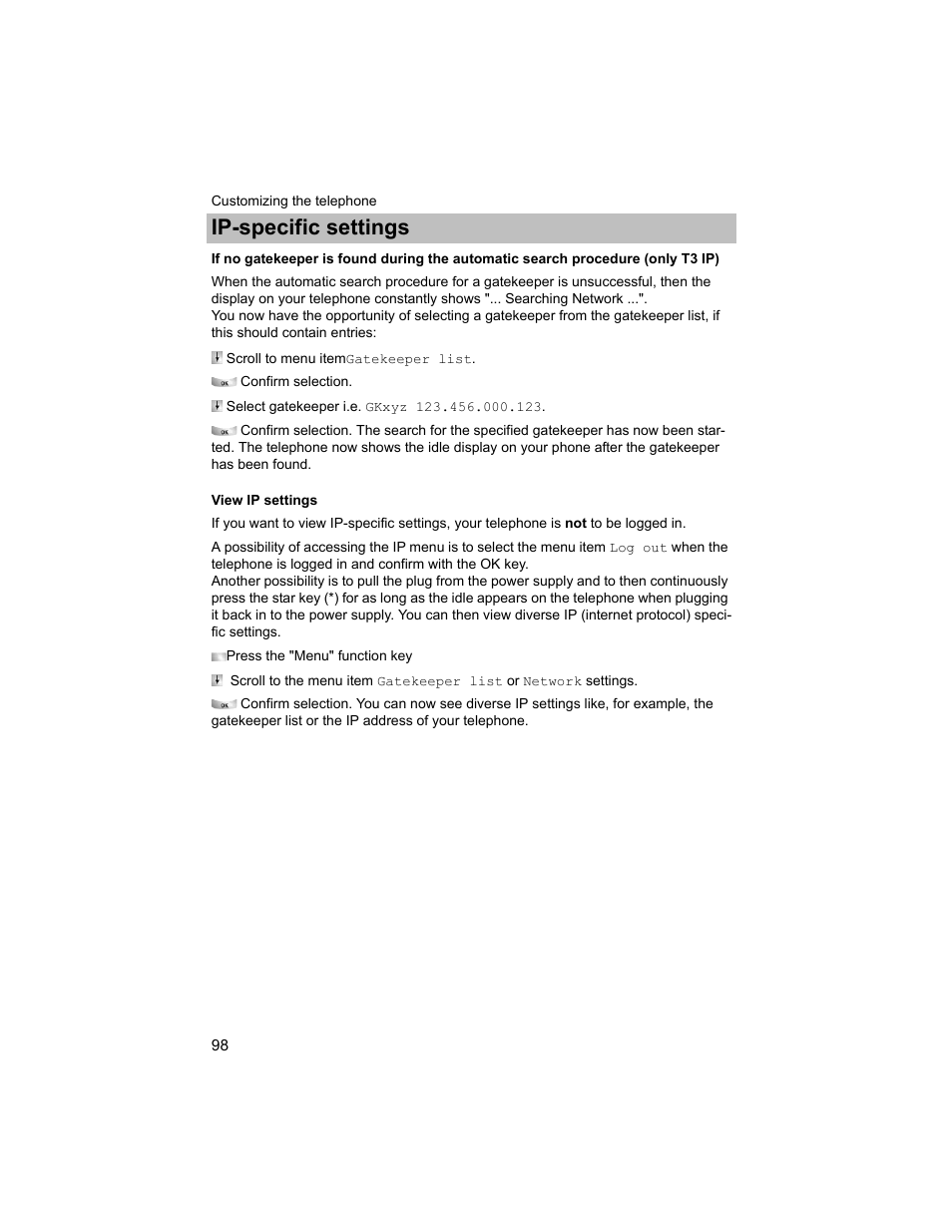 View ip settings, P. 98), Ip-specific settings | Avaya T3 (IP) Compact User Manual | Page 98 / 137
