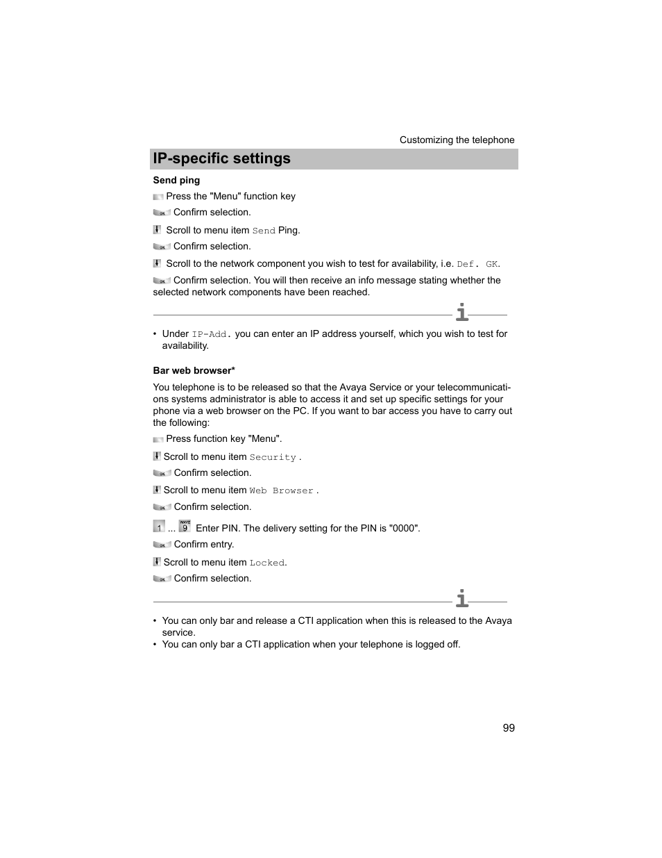Send ping, Bar web browser, P. 99) | Ip-specific settings | Avaya T3 (IP) Compact User Manual | Page 99 / 137