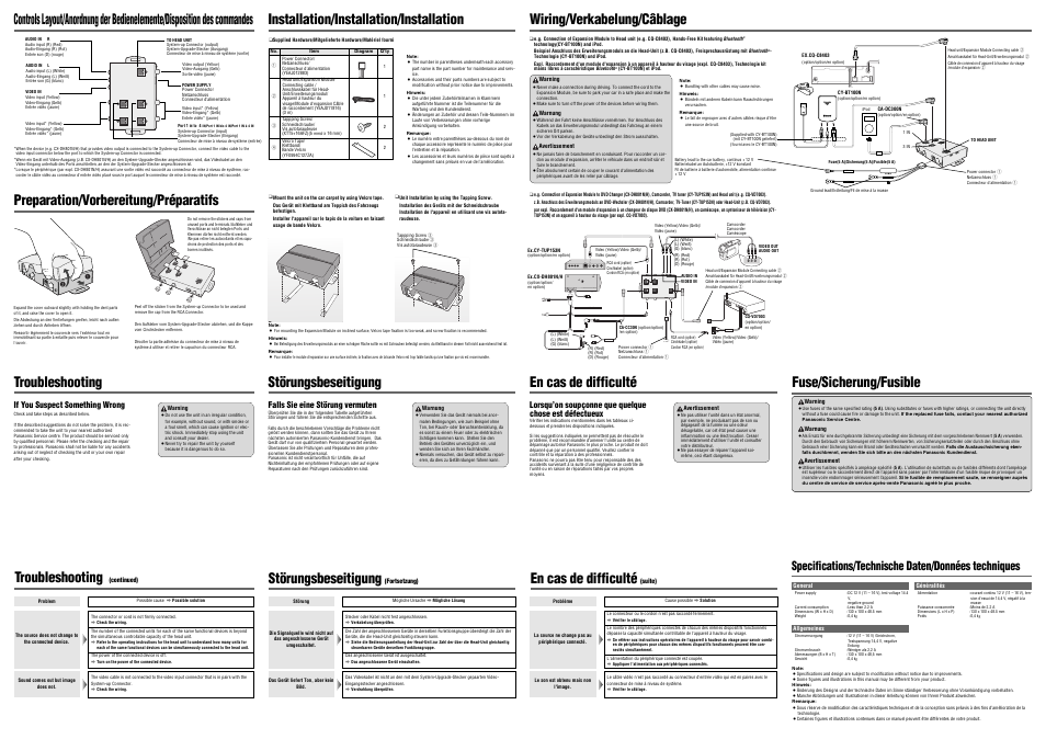 Wiring/verkabelung/câblage troubleshooting, Battery 5a gnd gnd, Installation/installation/installation | Changer in video-cnt av2-in, Störungsbeseitigung, En cas de difficulté, Troubleshooting, Fuse/sicherung/fusible, Specifications/technische daten/données techniques | Panasonic CYEM100N User Manual | Page 2 / 2