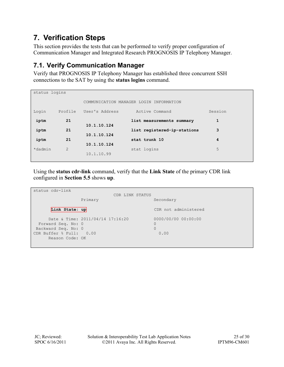 Verification steps, Verify communication manager | Avaya IPTM96-CM601 User Manual | Page 25 / 30