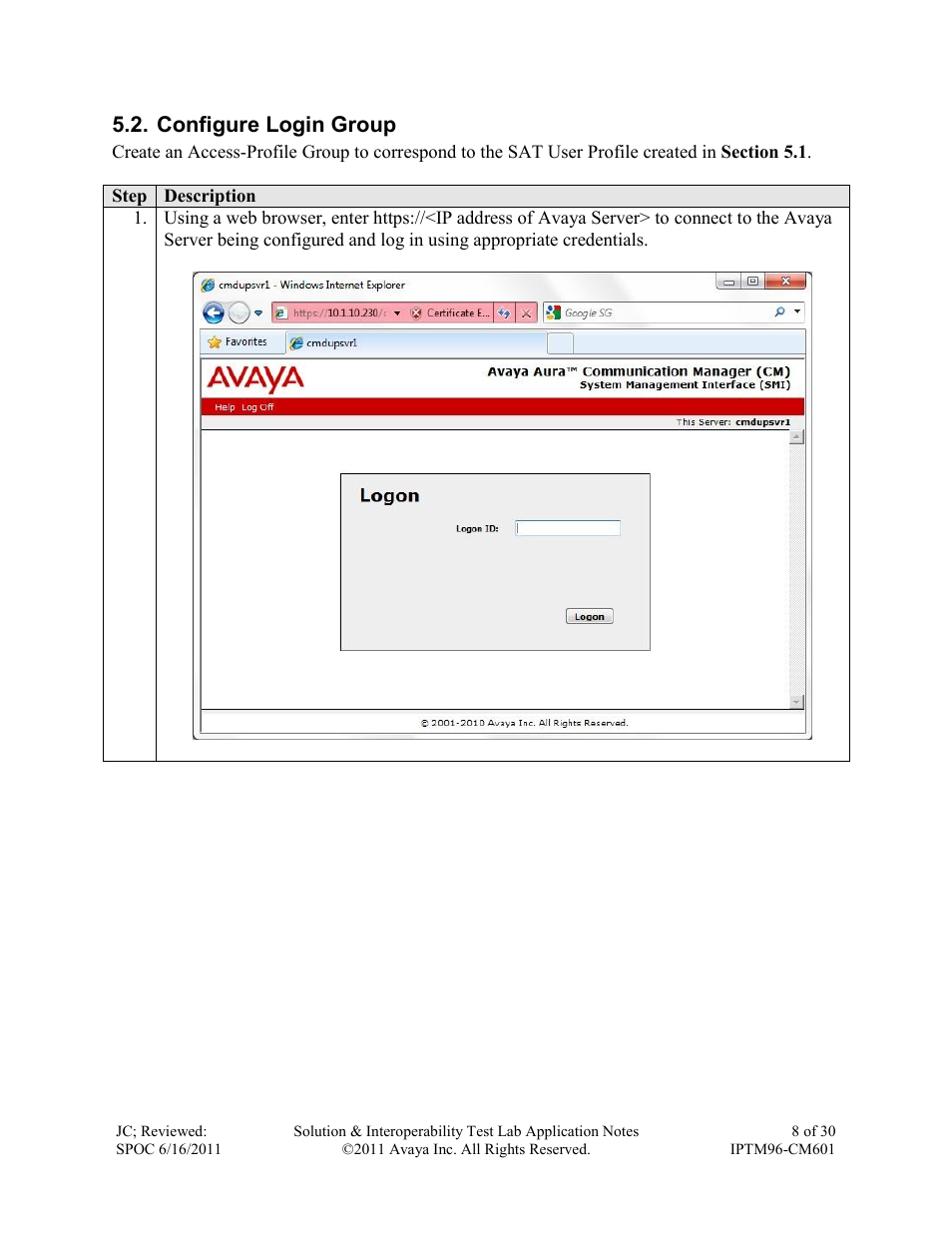 Configure login group | Avaya IPTM96-CM601 User Manual | Page 8 / 30